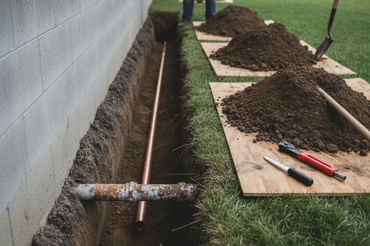 Excavated water line trench during Sewer Line Repair in Vermillion